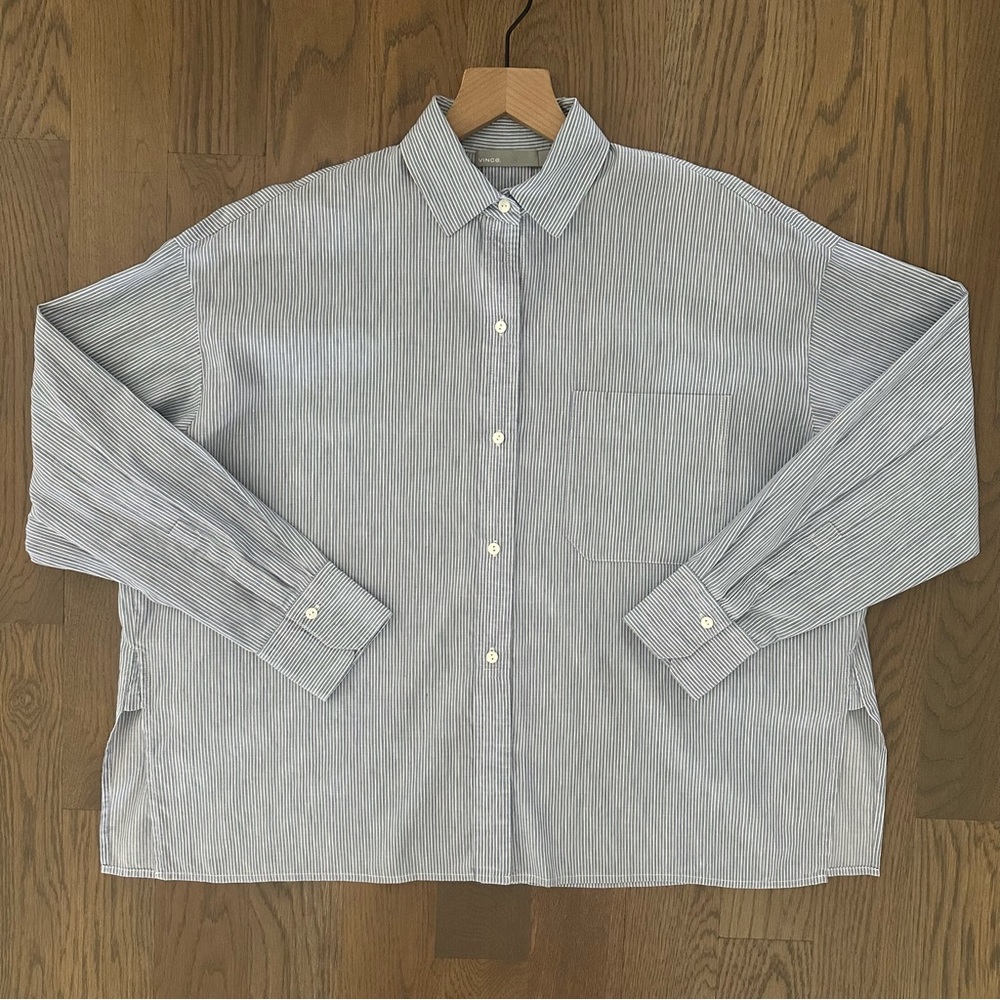 Vince Linen Blend Split Back Boxy Pinstripe Button Down Shirt Blue and White M